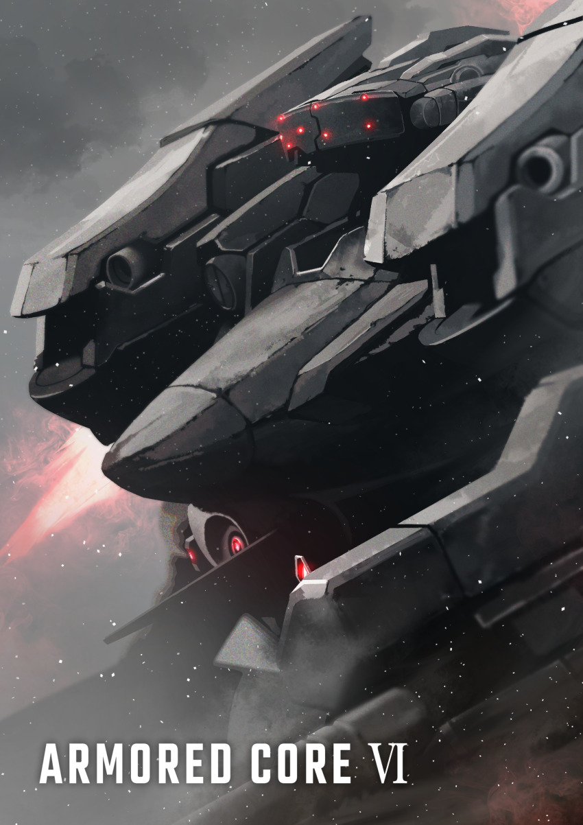 absurdres armored_core armored_core_vi:_fires_of_rubicon character_request commentary copyright_name glowing grey_background highres light_particles mecha mecha_focus no_humans pile_bunker robot science_fiction sensor shiromoca solo upper_body weapon