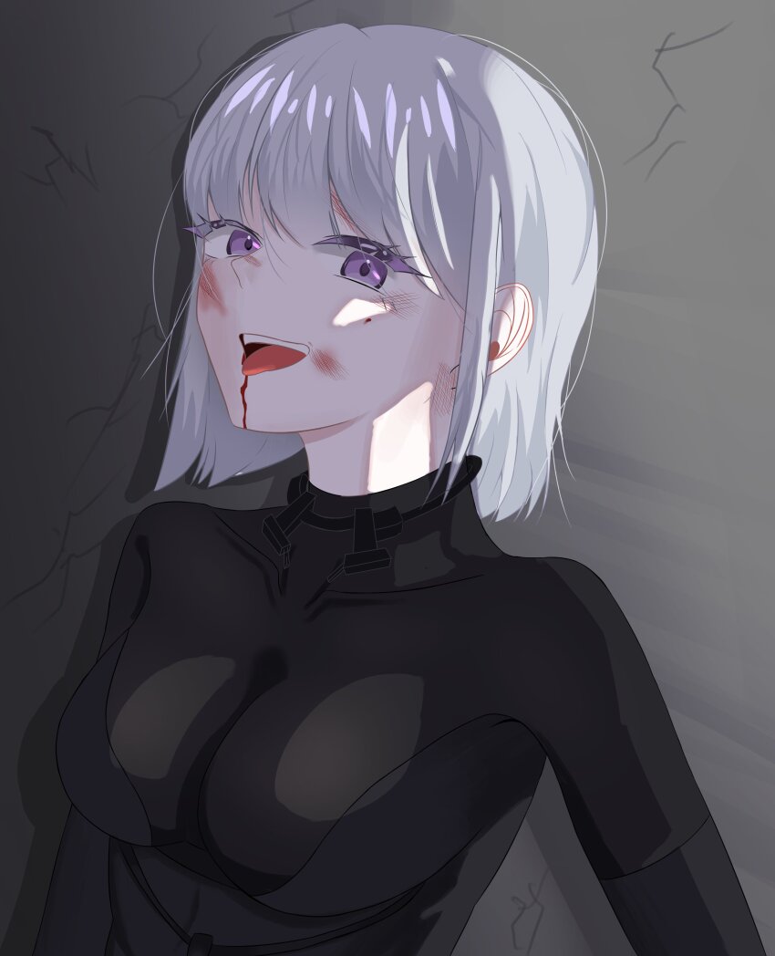 1girl absurdres black_bodysuit blood blood_on_face bodysuit breasts cleavage girls&#039;_frontline grey_background grey_hair highres long_sleeves looking_at_viewer medium_breasts medium_hair open_mouth purple_eyes rpk-16_(girls&#039;_frontline) simple_background smile solo songhayun9 teeth tongue tongue_out upper_body upper_teeth_only