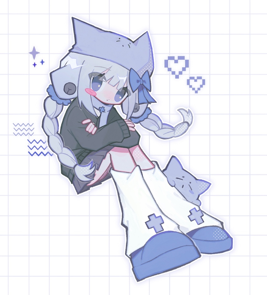 1girl animal_hat art_trade blue_eyes blush_stickers braid cat cat_hat cross grey_hair grid hair_ornament hair_scrunchie hat heart highres leg_warmers looking_at_viewer original scarf scrunchie shoes sitting skirt solo sparkle sweater twin_braids yappari