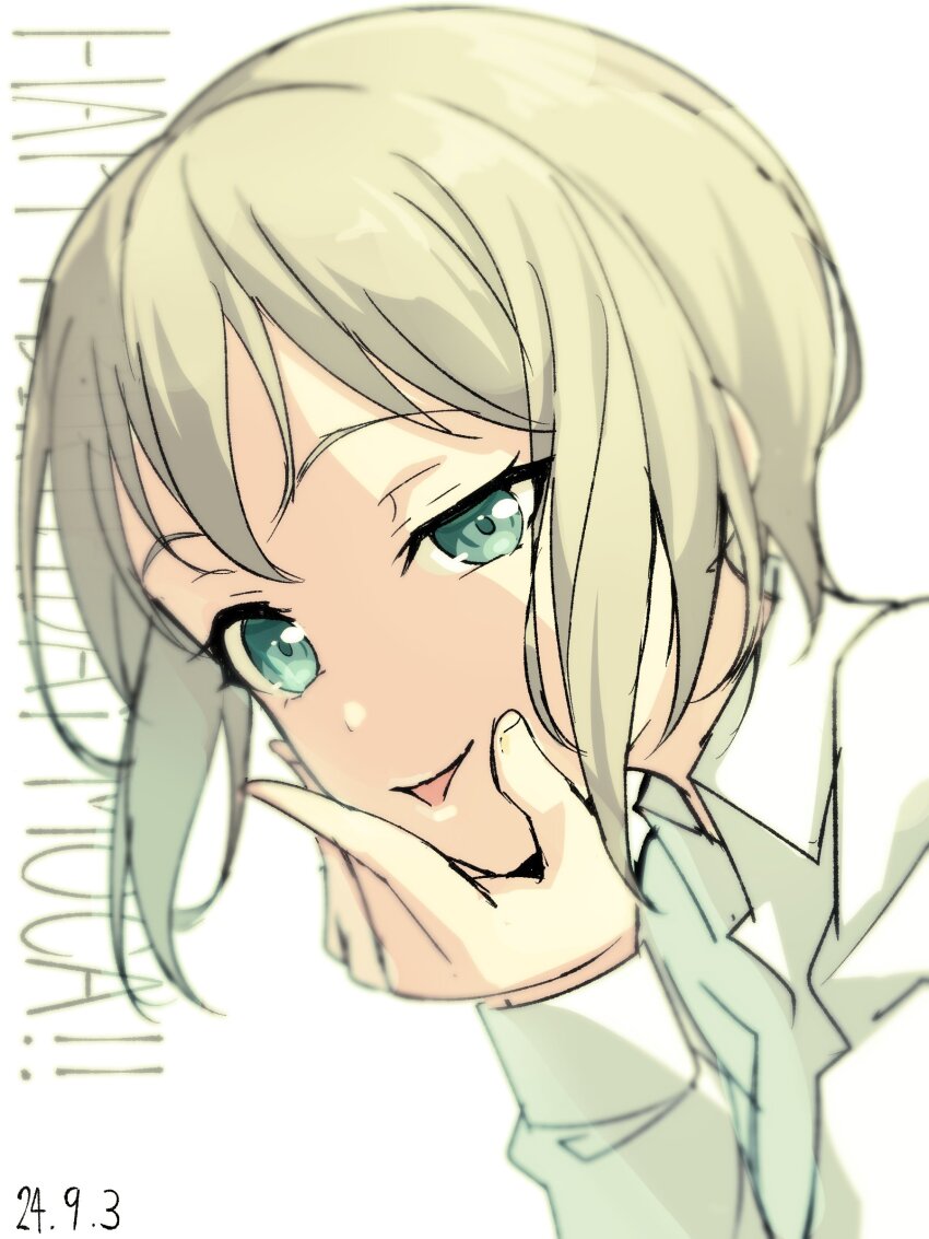 1girl :p absurdres aoba_moca bang_dream! bob_cut dated green_eyes grey_hair happy_birthday highres looking_at_viewer nobusawa_osamu short_hair simple_background tongue tongue_out upper_body white_background