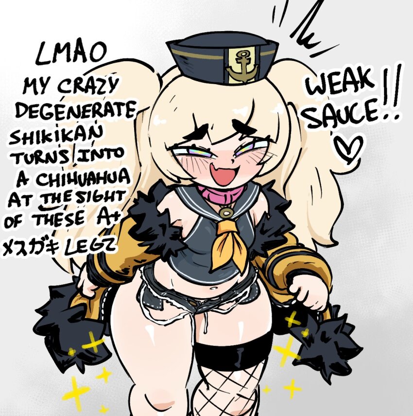 1girl azur_lane bache_(azur_lane) black_hat blonde_hair blue_eyes blue_sailor_collar blue_shirt bratty commentary denim denim_shorts english_commentary english_text fang fishnet_thighhighs fishnets fur-trimmed_jacket fur_trim hat heart jacket jellot long_hair looking_at_viewer mesugaki micro_shorts neckerchief open_mouth orange_neckerchief sailor_collar shirt shorts single_thighhigh skin_fang sleeveless sleeveless_shirt smug solo thighhighs translated two_side_up yellow_jacket
