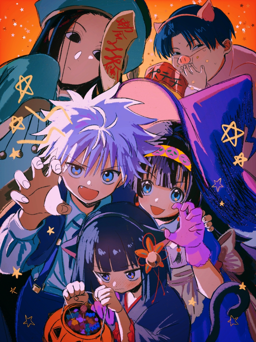 5boys alluka_zoldyck alternate_costume animal_costume animal_ears brothers claw_pose collage fake_animal_ears gradient_background halloween halloween_bucket halloween_costume hat highres hunter_x_hunter illumi_zoldyck jiangshi_costume kalluto_zoldyck killua_zoldyck male_focus milluki_zoldyck multiple_boys orange_background pig_costume siblings suspenders thicopoyo witch_hat