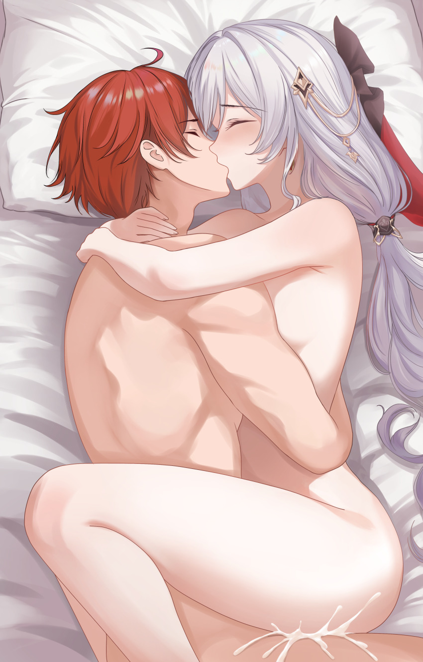1boy 1girl absurdres ahoge breasts captain_(honkai_impact) commentary commentary_request commission completely_nude cum cum_overflow english_commentary hetero highres honkai_(series) honkai_impact_3rd hug kiss long_hair lying mixed-language_commentary nude on_bed on_side pixiv_commission red_hair sex short_hair theresa_apocalypse theresa_apocalypse_(luna_kindred) theresa_apocalypse_(lunar_vow:_crimson_love) very_long_hair welo white_hair