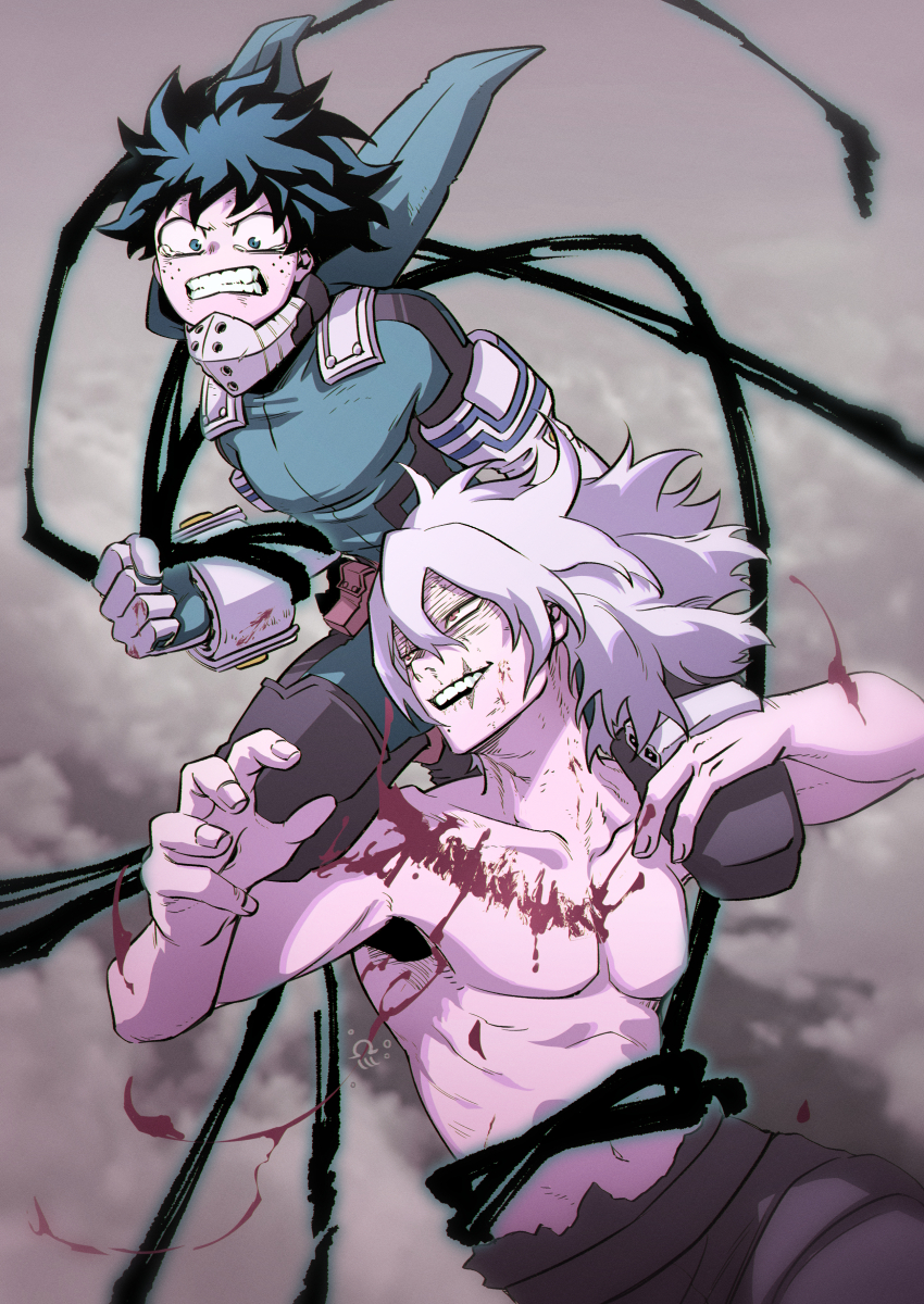2boys absurdres angry anime_coloring aranciojelyfish artist_logo bare_arms bare_shoulders battle black_pants black_whip_(boku_no_hero_academia) bleeding blood blood_on_cheek blood_on_chest blood_on_face blood_on_gloves blood_trail blue_bodysuit blue_eyes blue_gloves blue_hair blurry blurry_background bodysuit boku_no_hero_academia chromatic_aberration clenched_hand clenched_teeth collarbone duel fingernails floating_hair freckles furrowed_brow gloves grey_gloves grey_hair hand_on_another&#039;s_knee hands_up highres hole_in_hand logo long_bangs looking_down looking_to_the_side looking_up male_focus medium_hair messy_hair midair midoriya_izuku mole mole_under_mouth multiple_boys multiple_scars navel no_nipples open_mouth outdoors pants pectorals pouch prosthetic_fingers red_eyes sanpaku scar scar_across_eye scar_on_face scar_on_mouth scratches shigaraki_tomura short_hair sidelocks smile smoke spoilers stigmata tearing_up tears teeth tendril topless_male turning_head upper_body upper_teeth_only upturned_eyes v-shaped_eyebrows wrinkled_skin