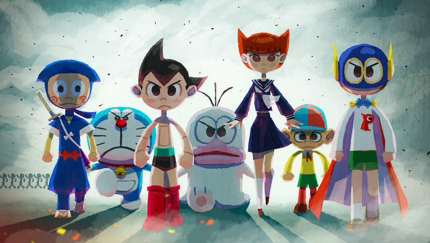 &gt;:( 1girl 4boys android arms_at_sides atom_(tetsuwan_atom) backlighting baseball_cap bell black_hair black_shorts blue_skirt blunt_bangs blush_stickers boots bow cape clenched_hands confetti creator_connection creature crossover doraemon doraemon_(character) dust_cloud esper_mami frown full_body green_shorts hat hattori_kanzou headscarf helmet hyogonosuke jingle_bell kaibutsu-kun kaibutsu_tarou knee_boots kneehighs layered_sleeves long_sleeves looking_at_viewer miniskirt motion_blur multiple_boys multiple_crossover neckerchief ninja ninja_hattori-kun obake_no_q-tarou perman_1 pleated_skirt pointy_hair puffy_long_sleeves puffy_sleeves q-tarou red_bow red_cape red_eyes red_footwear red_hair robot sakura_mami sandals sash serious shadow shirt shoes short_hair short_over_long_sleeves short_sleeves shorts silhouette skirt skirt_set socks suwa_mitsuo sword tetsuwan_atom topless_male v-shaped_eyebrows walking weapon weapon_on_back white_neckerchief white_shirt white_socks widow&#039;s_peak yellow_shirt zouri
