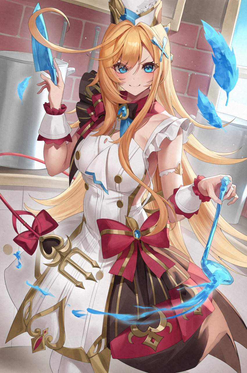 1girl aqua_eyes blonde_hair blush brick_wall closed_mouth dress escoffier_(genshin_impact) genshin_impact hair_ornament highres holding holding_knife holding_ladle indoors knife ladle long_hair looking_at_viewer smile solo standing white_dress yamanokami_eaka