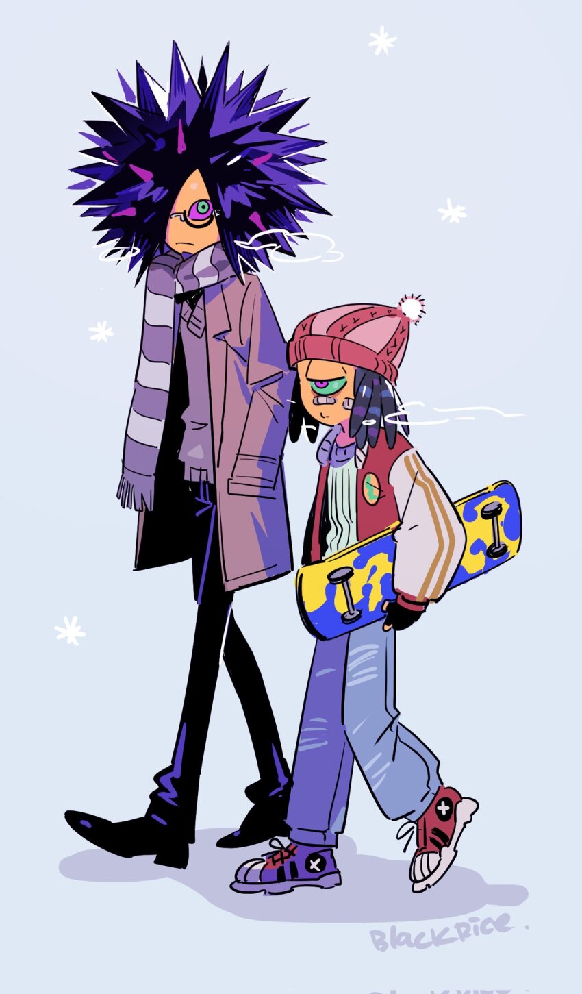 2boys alternate_costume bandaid bandaid_on_face beanie facial_hair goatee hands_in_pockets hat highres holding holding_skateboard male_focus milifeimili multiple_boys murch_(splatoon) nintendo pom_pom_(clothes) pom_pom_beanie scarf skateboard splatoon_(series) splatoon_3 spyke_(splatoon) striped_clothes striped_scarf tall winter