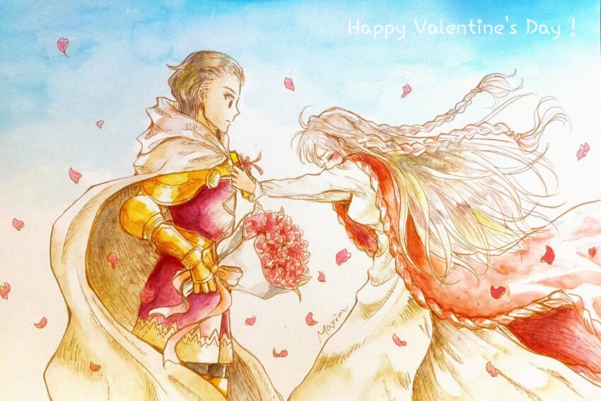 1boy 1girl armor blonde_hair blue_sky blush braid brown_hair cape couple delita_heiral dress final_fantasy final_fantasy_tactics flower giving happy_valentine highres holding holding_flower long_hair mayim ovelia_atkascha petals red_cape signature sky twin_braids white_dress yellow_armor