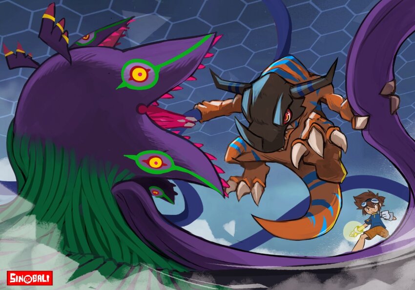 algomon algomon_adult antennae artist_logo claws digimon digimon_adventure:_(2020) digivice fighting greymon horns logo monster open_mouth red_eyes sharp_teeth sinobali tail teeth tentacles tyrannosaurus_rex yagami_taichi