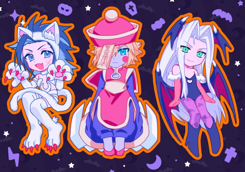 3boys animal_ears animal_hands animal_print bare_shoulders bat_(animal) bat_print bat_wings blonde_hair blue_eyes blush_stickers candy cat_ears cat_paws cat_tail chinese_clothes claw_(weapon) claws clothing_cutout cloud_strife coffin commentary cosplay crescent darkstalkers facial_scar felicia_(darkstalkers) felicia_(darkstalkers)_(cosplay) food fur-trimmed_leotard fur_trim green_eyes grey_hair halloween hat head_wings heart_cutout highres hsien-ko hsien-ko_(cosplay) jiangshi_costume keiseki1 leotard long_hair looking_at_viewer low_wings morrigan_aensland morrigan_aensland_(cosplay) multiple_boys off-shoulder_leotard open_mouth pantyhose paw_pose print_pantyhose pumpkin purple_pantyhose revealing_clothes scar scar_on_cheek scar_on_face sephiroth short_hair single_blush_sticker smile standing star_(symbol) symbol-only_commentary tail thighhighs weapon white_fur wings zack_fair