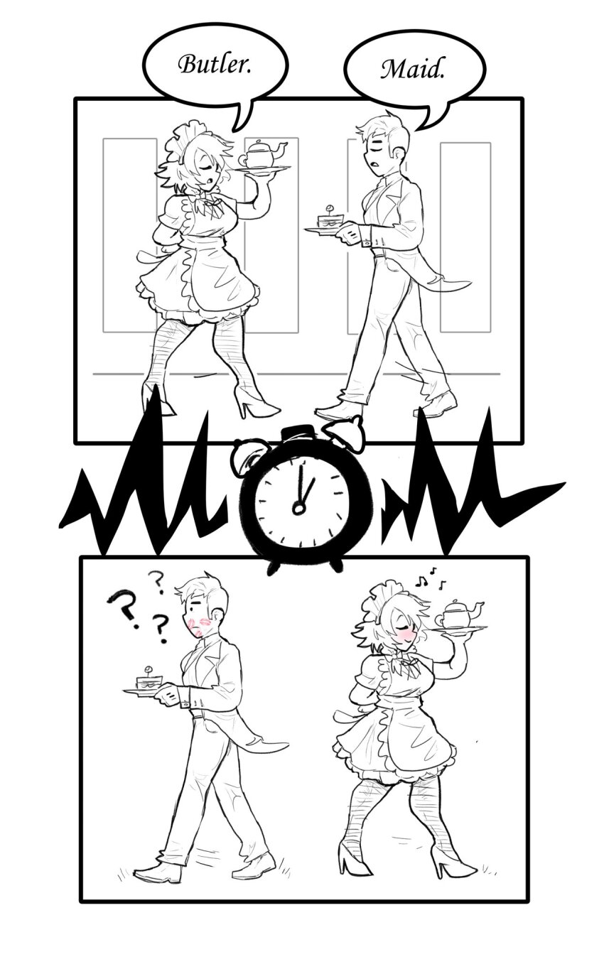 1boy 1girl alarm_clock blush butler clock food high_heels highres izayoi_sakuya japvs lipstick_mark lipstick_mark_on_face maid sandwich teapot time_stop touhou