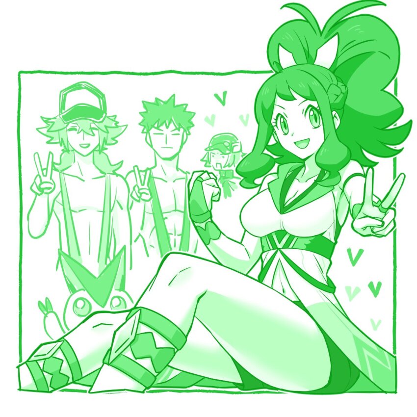 1girl 3boys :d antenna_hair braid breasts brock_(pokemon) cleavage clenched_hand collarbone commentary_request gen_5_pokemon hair_ribbon hand_up high_ponytail highres hilbert_(pokemon) hilbert_(sygna_suit)_(pokemon) hilda_(pokemon) hilda_(sygna_suit)_(pokemon) kenchi knees legendary_pokemon monochrome multiple_boys mythical_pokemon n_(pokemon) navel nintendo official_alternate_costume open_mouth pokemon pokemon_(creature) pokemon_bw pokemon_masters_ex pokemon_rgby ponytail ribbon shorts sidelocks sitting smile v victini