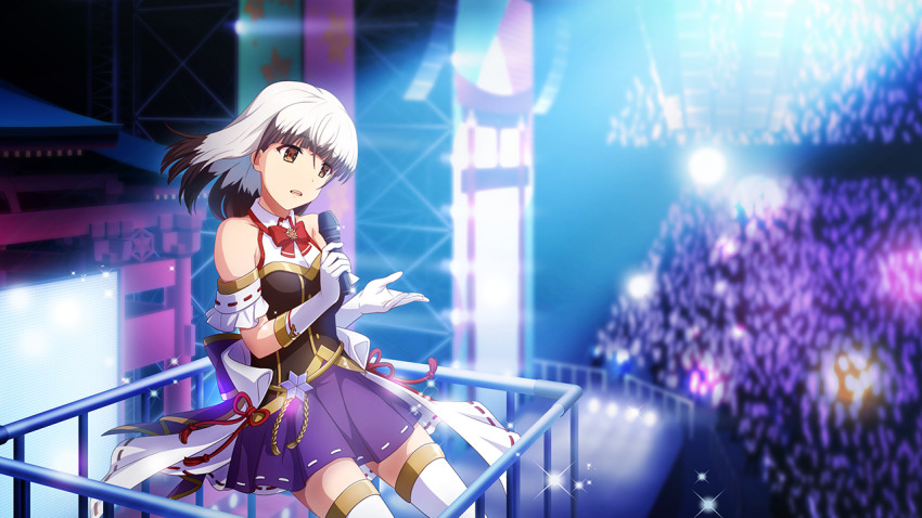 1girl black_hair blunt_bangs brown_shirt colored_tips elbow_gloves game_cg gloves holding holding_microphone idol_clothes medium_hair microphone multicolored_hair music official_art open_mouth orange_eyes overskirt platform purple_skirt satsuki_yomi shirt singing skirt solo stage stage_lights standing thighhighs toji_no_miko toji_no_miko:_kizamishi_issen_no_tomoshibi white_gloves white_hair white_skirt white_thighhighs zettai_ryouiki