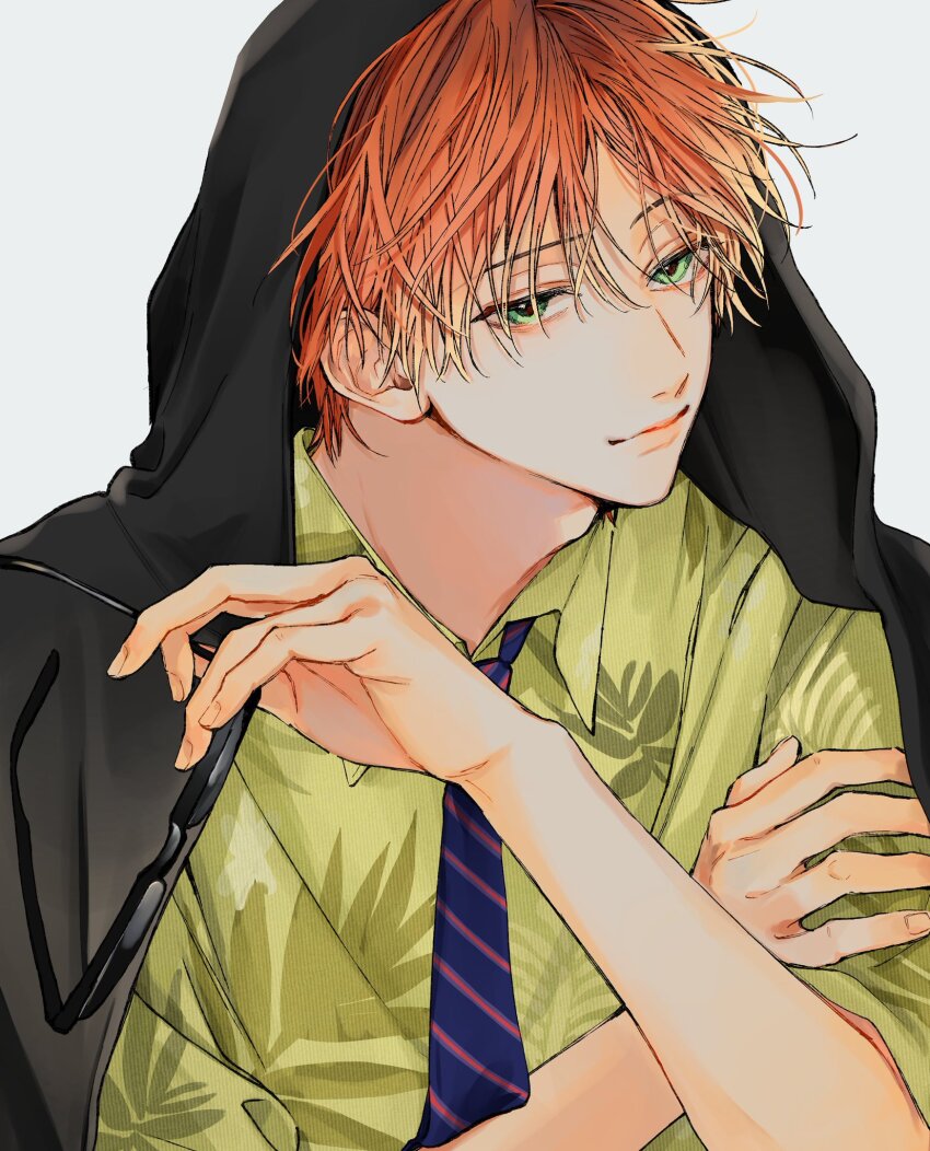 1boy black_jacket blue_necktie cosplay en_(e898n) green_eyes green_shirt hand_on_own_arm highres holding holding_removed_eyewear hood hooded_jacket jacket looking_at_viewer male_focus multicolored_hair necktie nick_wilde nick_wilde_(cosplay) orange_hair print_shirt red_necktie shirt streaked_hair striped_clothes unworn_eyewear white_background zootopia