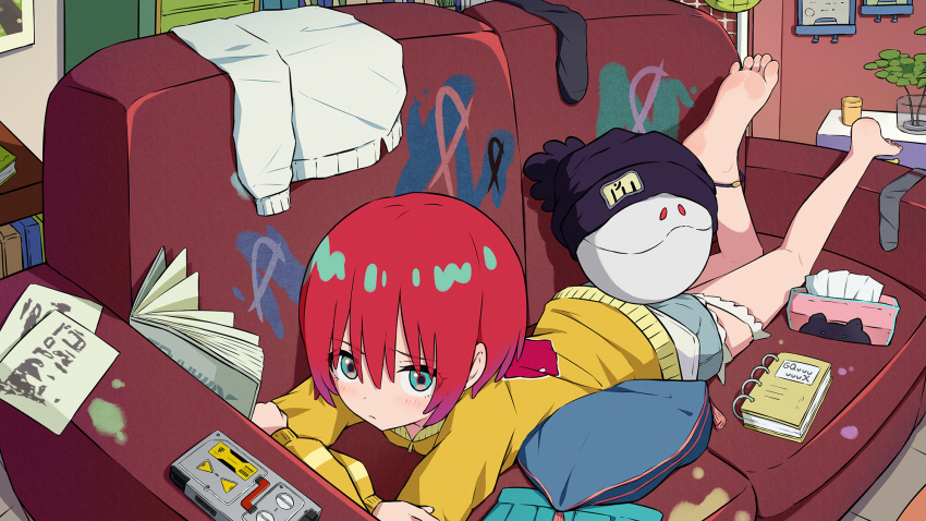 1girl amate_yuzuriha anklet aqua_eyes aqua_skirt barefoot beanie commentary_request couch denim denim_shorts gundam gundam_gquuuuuux haro hat highres indoors jewelry looking_at_viewer notebook pillow pom_pom_(clothes) pom_pom_beanie qiufengxiaose red_hair shirt short_hair shorts skirt socks soles solo sweater tissue_box unworn_shirt unworn_skirt unworn_socks yellow_sweater