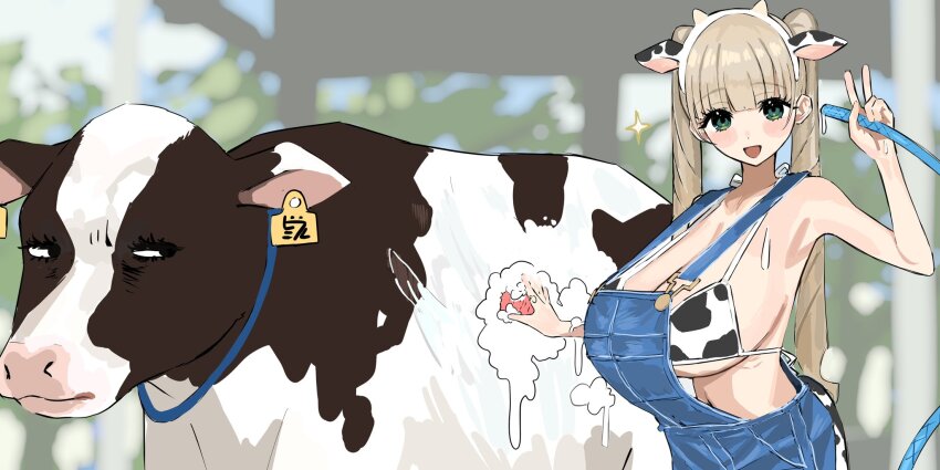 animal_print bfmelu bikini blonde_hair breasts cow cow_print cow_print_bikini denim green_eyes highres holding holding_hose hose huge_breasts long_hair original outdoors overalls print_bikini soap_bubbles swimsuit tagme