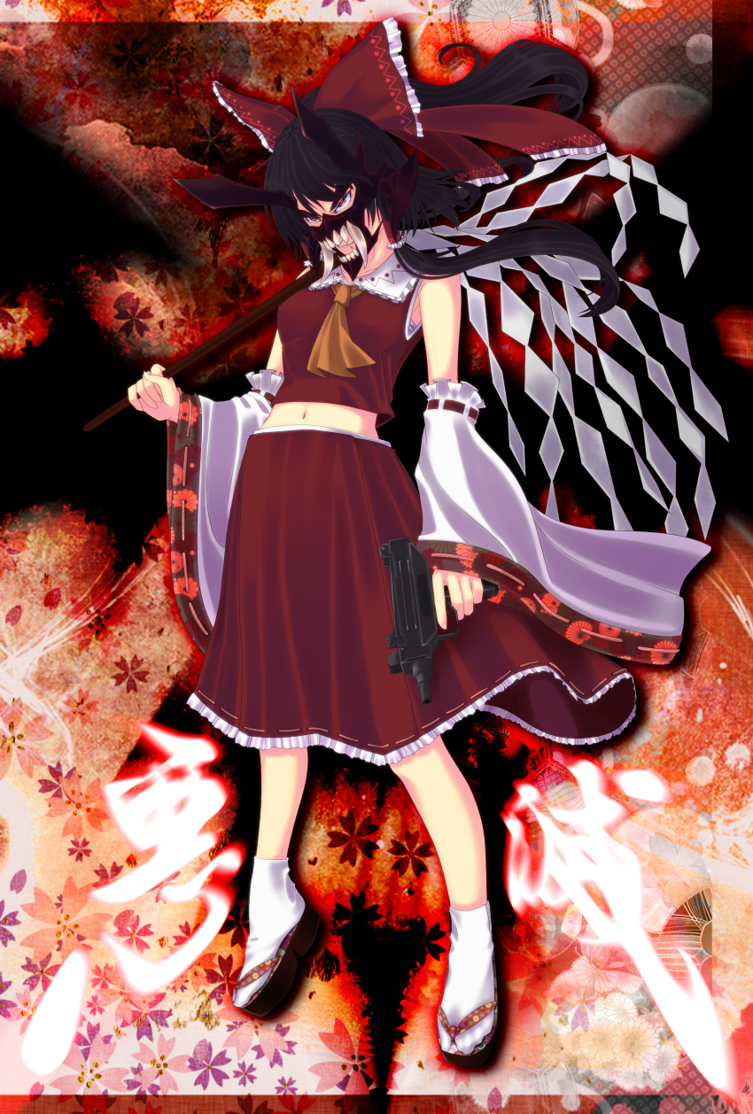 1girl absurdres akumetsu bad_id bad_pixiv_id brown_sandals clog_sandals detached_sleeves female_focus gohei gun hakurei_reimu highres japanese_clothes kumonji_aruto machine_pistol mask miko oonusa parody sandals solo submachine_gun touhou uzi weapon zouri