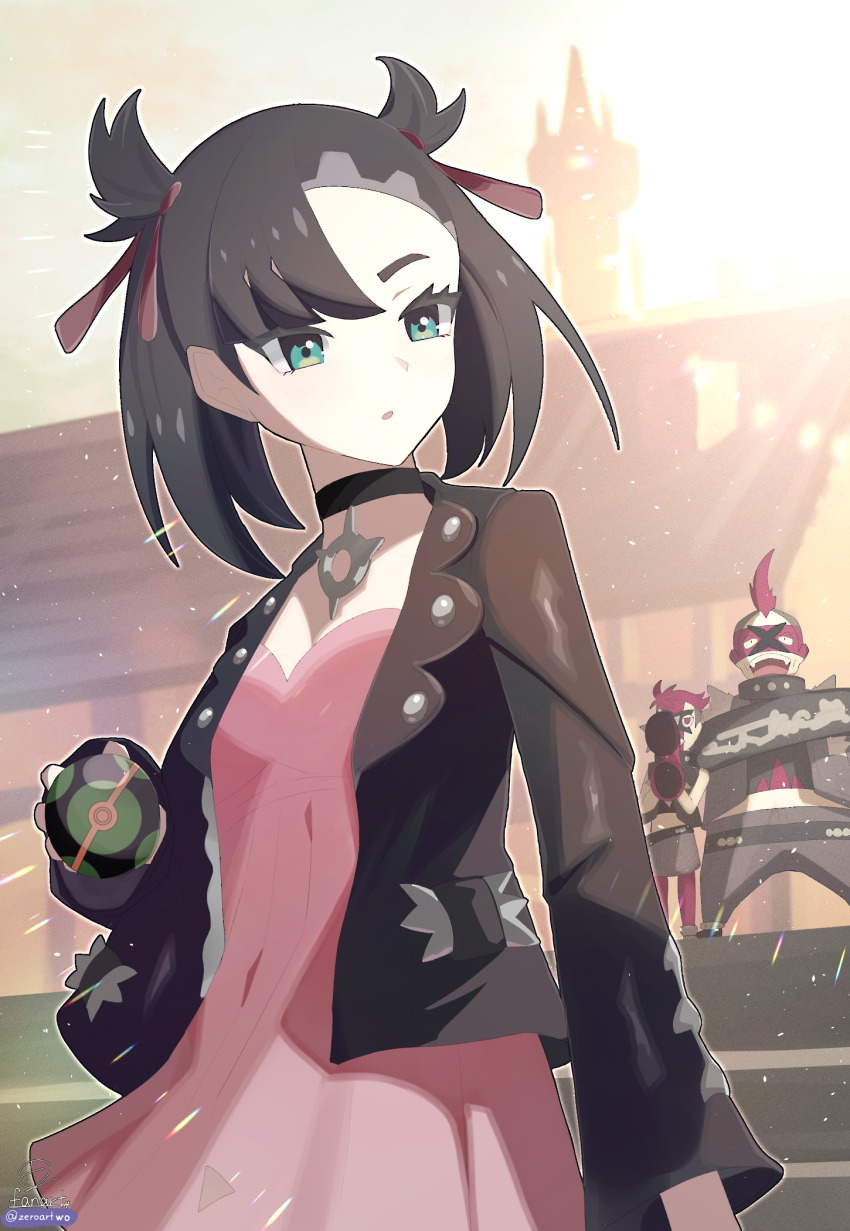 1boy 2girls :o asymmetrical_bangs black_choker black_hair black_jacket choker dress dusk_ball green_eyes hair_ribbon highres holding holding_megaphone holding_poke_ball jacket light_particles looking_to_the_side marnie_(pokemon) megaphone mohawk multiple_girls nintendo outdoors parted_lips pink_dress poke_ball pokemon pokemon_swsh punk purple_hair ribbon sky solo_focus sunlight team_yell team_yell_grunt twintails undercut yellow_sky zeroartwo