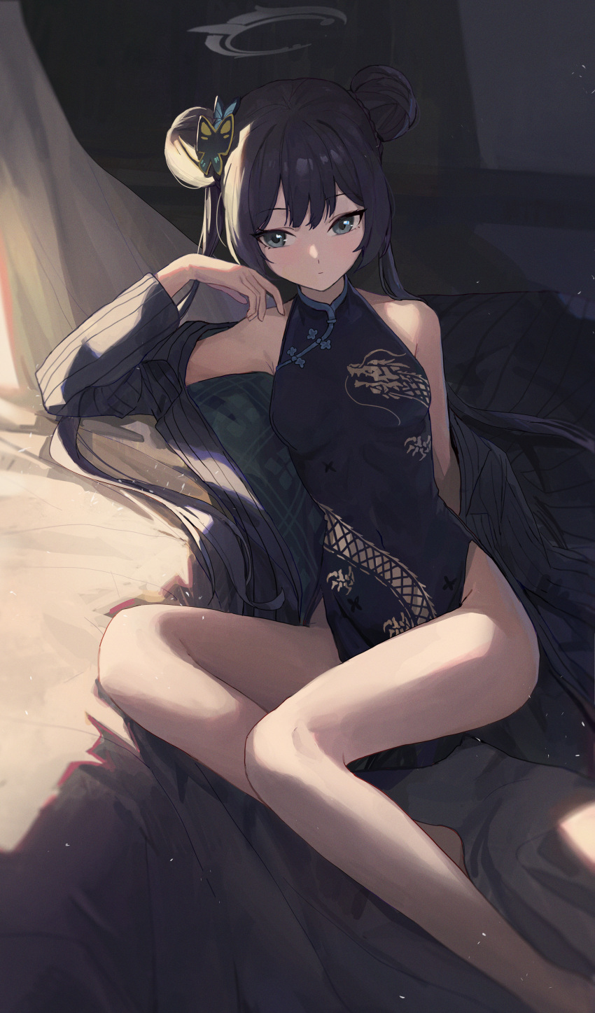 1girl absurdres bare_shoulders black_dress black_hair blue_archive blue_eyes breasts china_dress chinese_clothes double_bun dragon_print dress grey_halo hair_bun halo highres jianjia kisaki_(blue_archive) legs looking_at_viewer sitting sleeveless sleeveless_dress small_breasts thighs twintails