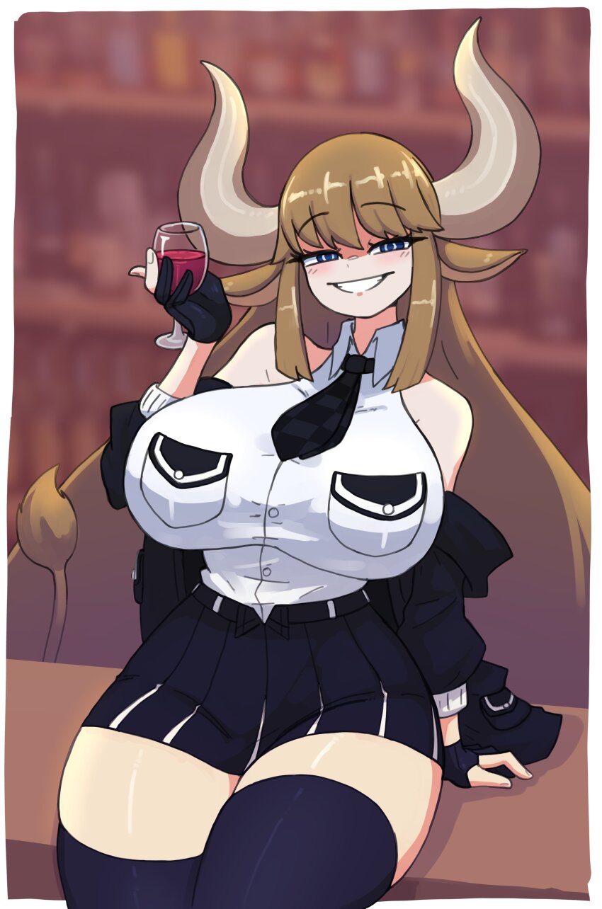 1girl :d absurdres animal_ears bar_(place) black_gloves black_jacket black_necktie black_skirt black_thighhighs blue_eyes blurry blurry_background borrowed_character breast_pocket breasts brown_hair collared_shirt cow_ears cow_girl cow_horns cow_tail cowboy_shot cup doce drinking_glass female_focus fingerless_gloves gloves grin half-closed_eyes highres holding_glass horns jacket large_breasts long_hair looking_at_viewer necktie open_clothes open_jacket open_mouth original pocket shirt sitting sitting_on_table skirt sleeveless smile solo tail thighhighs thighs very_long_hair white_shirt wine_glass