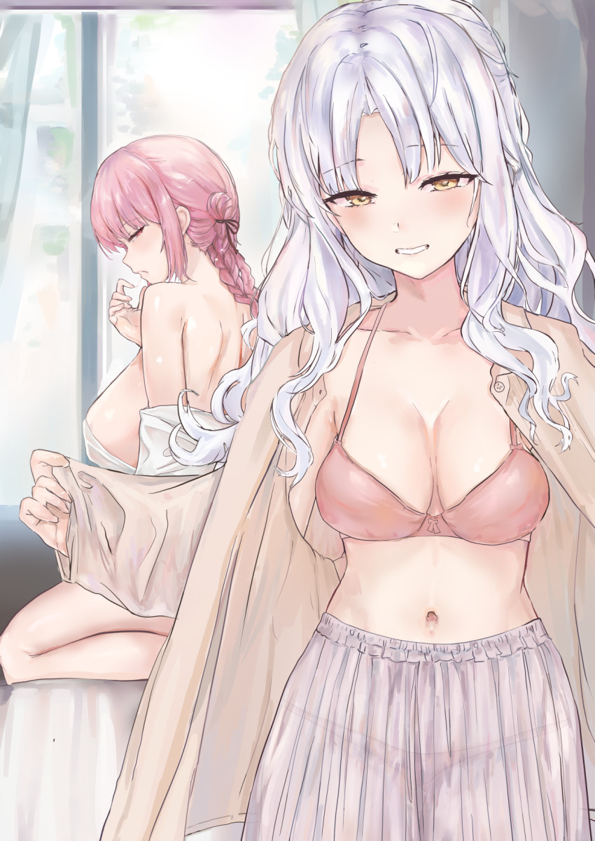 2girls ahshi_(yingchuan_songshu) bra breasts caren_hortensia fate/grand_order fate_(series) florence_nightingale_(fate) highres large_breasts multiple_girls navel panties pink_bra pink_hair pink_panties smile underwear undressing white_hair yellow_eyes