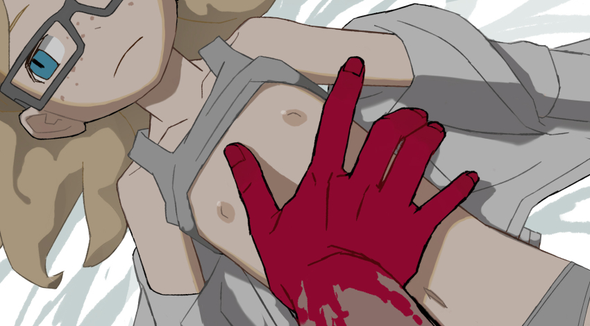 1boy 1girl averting_eyes blonde_hair blood blood_on_hands blue_eyes bra close-up closed_mouth collarbone flat_chest freckles frown glasses grey-framed_eyewear grey_panties hand_on_another&#039;s_stomach highres hotelblue loli lying madeline_(hotelblue) navel on_back on_bed original panties solo_focus training_bra underwear