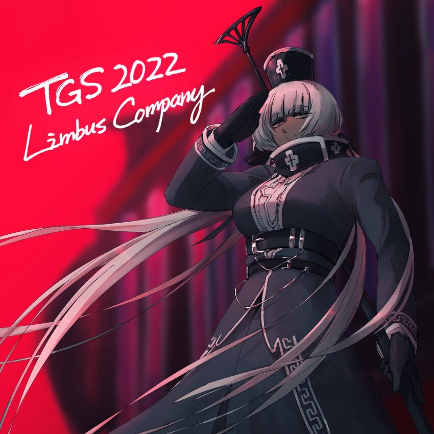 1girl belt black_belt black_bow bow breasts charon_(project_moon) cowboy_shot dress grey_dress grey_eyes grey_hair grey_hat hair_bow hat highres holding holding_oar limbus_company long_hair looking_at_viewer low_twintails medium_breasts oar project_moon salute shako_cap sidelocks solo twintails very_long_hair yatsumeunagi