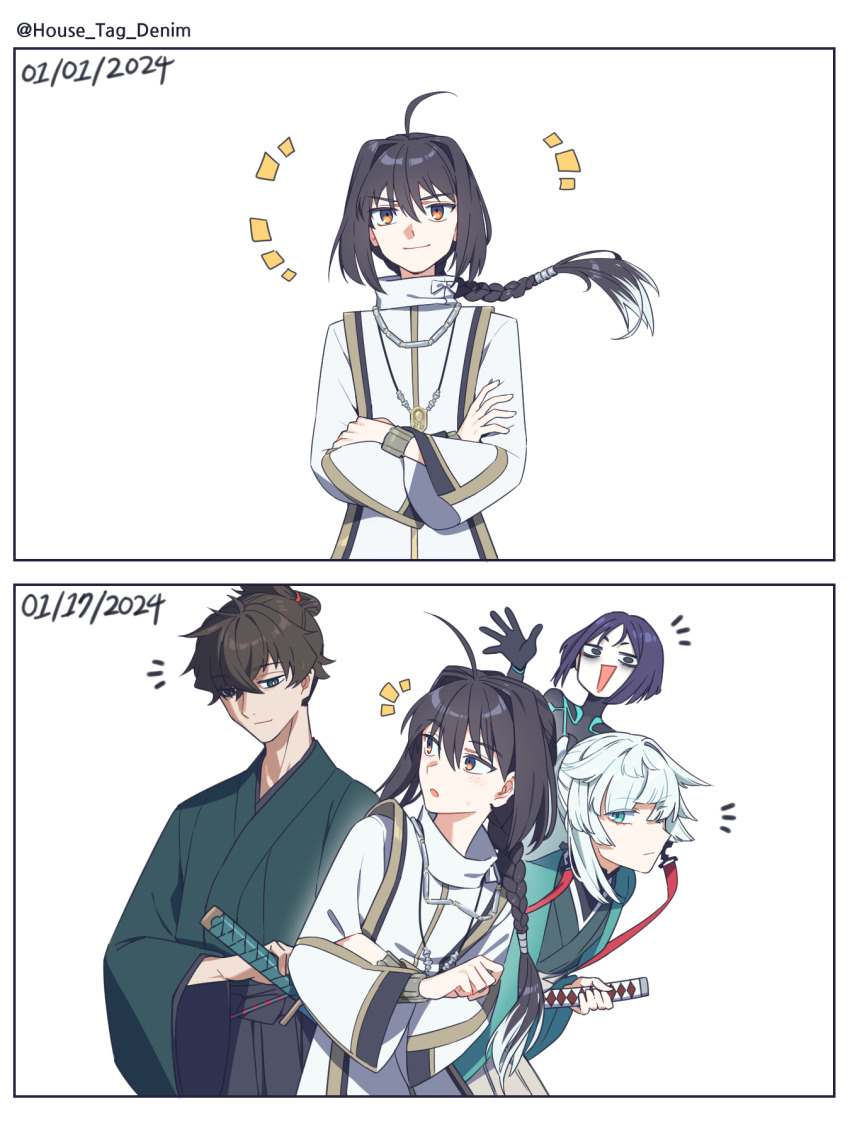 1boy 1other 2girls aqua_eyes aqua_kimono black_eyes black_hair eyeshadow fate/grand_order fate/samurai_remnant fate_(series) green_eyes haori highres holding holding_sword holding_weapon house_tag_denim japanese_clothes katana kimono makeup miyamoto_iori_(fate) multiple_girls ponytail purple_hair sheath shirt short_hair sword ushi_gozen_(fate) ushi_gozen_(rider)_(fate) weapon white_hair white_shirt yamato_takeru_(fate) yellow_eyes yui_shousetsu_(fate)