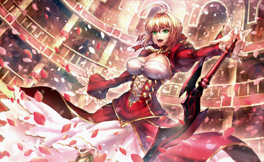 1girl :d aestus_estus ahoge armored_boots blonde_hair boots colosseum corset dress epaulettes fate/extra fate/grand_order fate_(series) green_eyes hair_intakes juliet_sleeves leotard long_sleeves looking_at_viewer nasaniliu nero_claudius_(fate) nero_claudius_(fate/extra) open_mouth petals pixiv_fate/grand_order_contest_2 puffy_long_sleeves puffy_sleeves red_dress see-through_clothes smile solo sword v-shaped_eyebrows weapon white_leotard