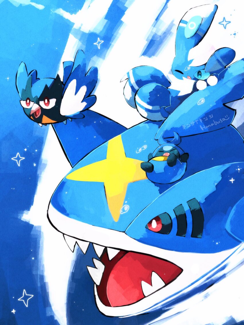 animal_focus artist_name beak bird blue_fur bright_pupils from_above gen_3_pokemon gen_5_pokemon gen_6_pokemon gen_8_pokemon hanabusaoekaki highres karrablast mega_pokemon mega_sharpedo meowstic meowstic_(male) nintendo no_humans one_eye_closed pokemon pokemon_(creature) red_eyes rookidee shark sharp_teeth sharpedo sparkle teeth water white_pupils wings
