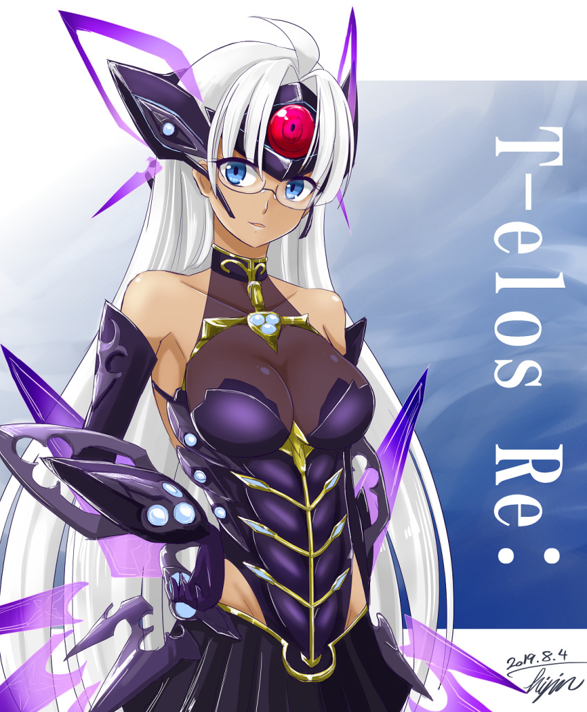 1girl armored_leotard bare_shoulders black_gloves black_leotard blue_eyes breasts character_name cleavage closed_mouth dark-skinned_female dark_skin elbow_gloves gauntlets glasses gloves highleg highleg_leotard highres hisin large_breasts leotard long_hair looking_at_viewer solo t-elos t-elos_re: very_long_hair white_hair xenoblade_chronicles_(series) xenoblade_chronicles_2 xenosaga xenosaga_episode_iii