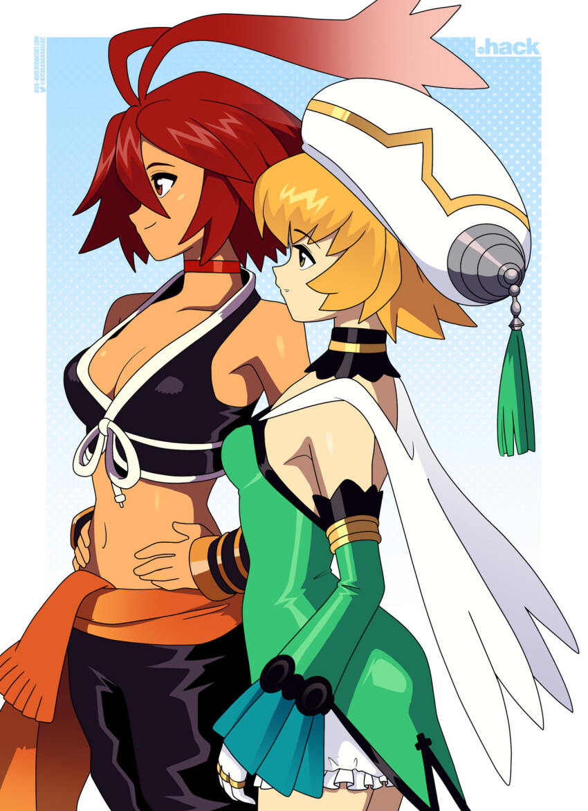 .hack// .hack//g.u. 1girl 2girls ahoge alkaid_(.hack//) antenna_hair atoli_(.hack//) bare_shoulders blonde_hair bloomers blush breasts cape choker cleavage crop_top detached_sleeves gloves green_arm_warmers hat highres holding jewelry large_breasts medium_breasts midriff multiple_girls navel nico-neko red_hair ring short_hair simple_background smile solo tattoo underwear weapon white_bloomers wing_cape yellow_eyes