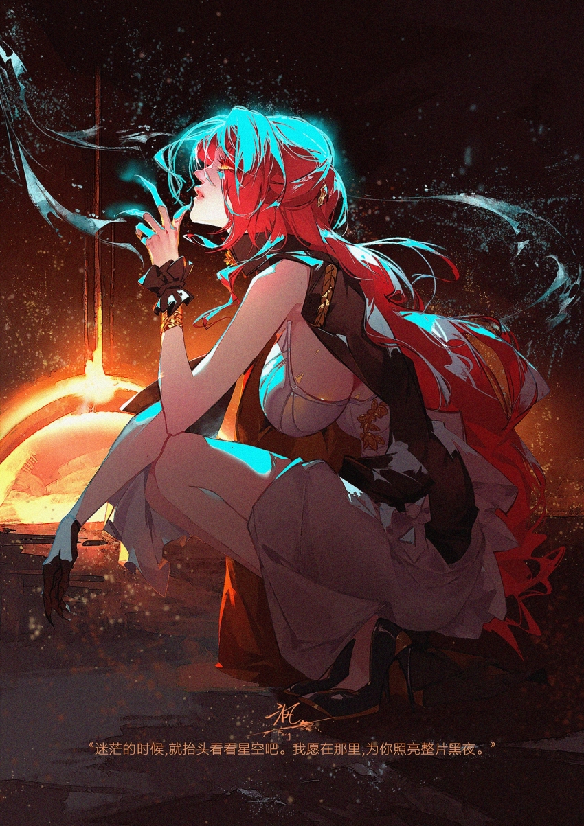 1girl black_jacket breasts chinese_commentary chinese_text dress gloves highres himeko_(honkai:_star_rail) honkai:_star_rail honkai_(series) huabuwandefeng jacket large_breasts long_hair open_clothes open_jacket red_hair signature single_glove sitting squatting white_dress yellow_eyes