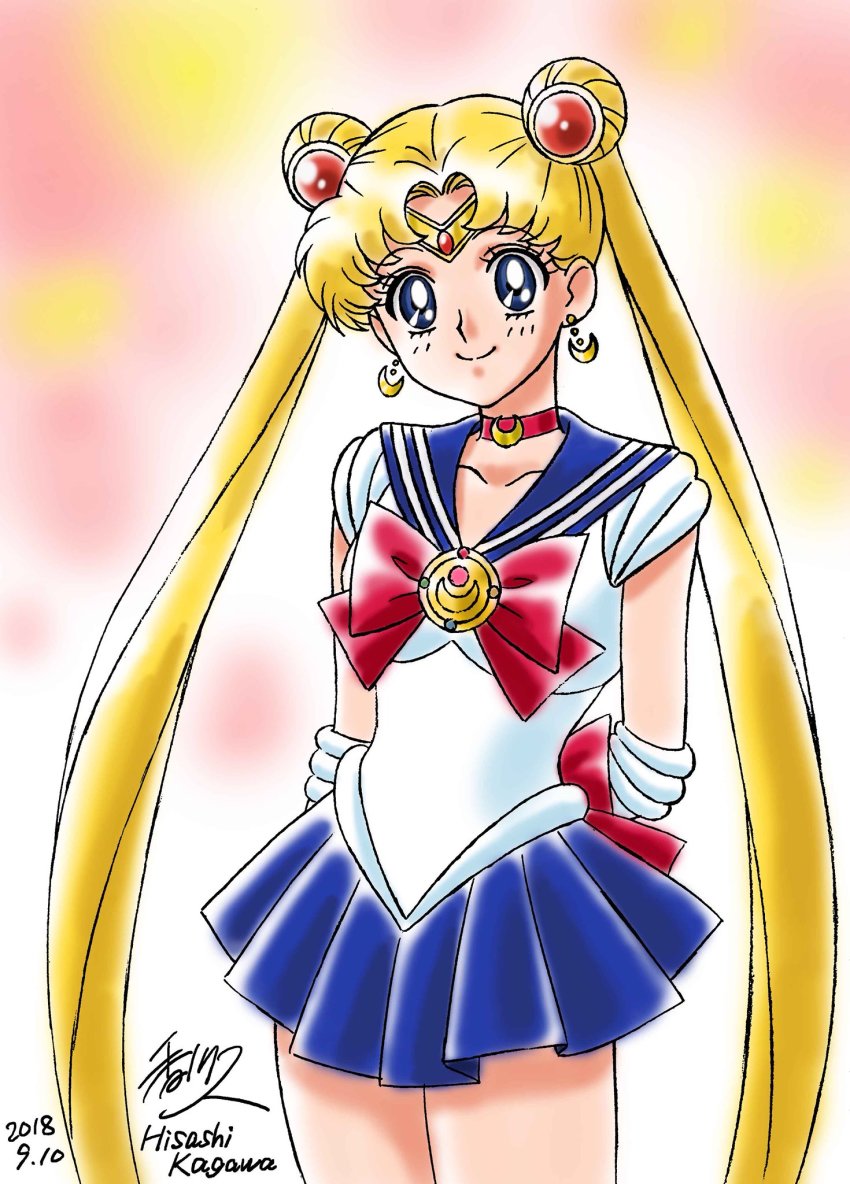 1girl 2018 arms_behind_back artist_name bishoujo_senshi_sailor_moon blonde_hair blue_eyes bow choker circlet dated double_bun earrings elbow_gloves female_focus gloves hair_bun highres jewelry kagawa_hisashi long_hair magical_girl red_bow sailor_moon sailor_senshi_uniform school_uniform serafuku signature smile solo tsukino_usagi twintails very_long_hair