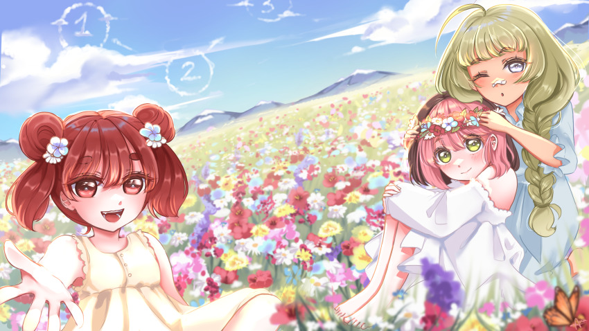 3girls ahoge aiko_(osu!) alternate_eye_color arisu_art barefoot black_hair blue_dress blush braid bug butterfly child dress flower green_eyes green_hair hair_flower hair_ornament head_wreath highres hugging_own_legs insect long_hair looking_at_viewer mocha_(osu!) mountain multicolored_hair multiple_girls one_eye_closed open_mouth osu! outdoors outstretched_hand pink_hair pippi_(osu!) red_eyes red_hair short_hair short_twintails side_braid single_braid sitting sky smile twintails two-tone_hair white_dress white_eyes yellow_dress