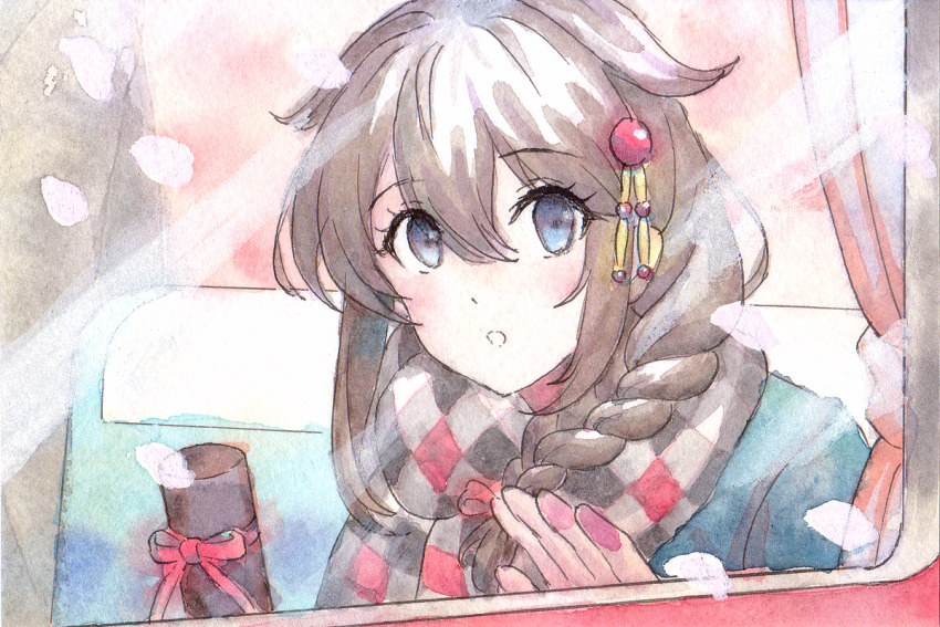 1girl blue_eyes braid brown_hair commentary_request curtains eyelashes from_outside hair_between_eyes hair_flaps hair_ornament hair_over_shoulder kantai_collection nijiboushi painting_(medium) petals scarf shigure_(kancolle) shigure_kai_ni_(kancolle) single_braid solo traditional_media upper_body watercolor_(medium)