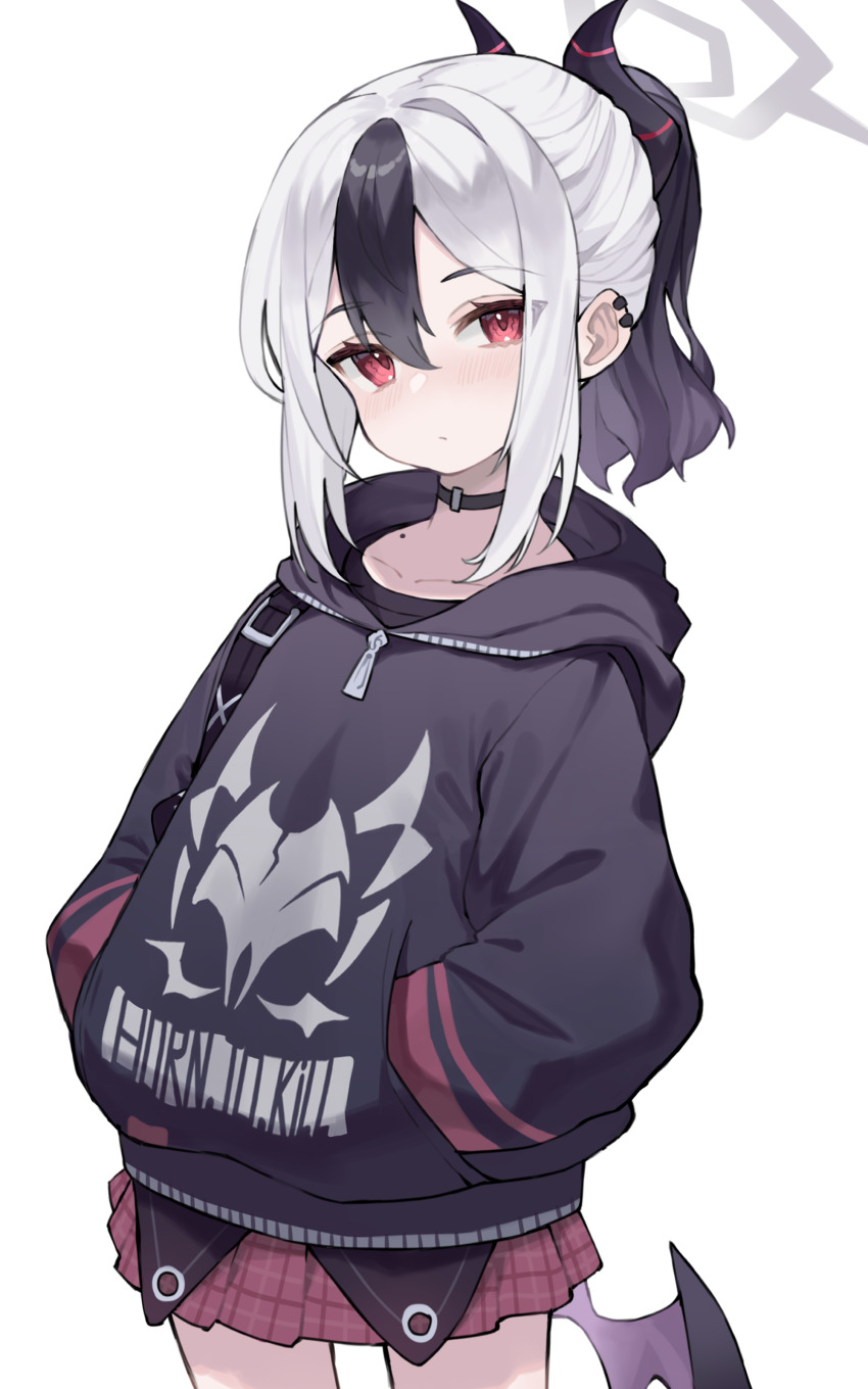 1girl absurdres black_hair blue_archive choker earrings halo hands_in_pockets highres hood hoodie horns jewelry kayoko_(blue_archive) long_hair looking_at_viewer mole multicolored_hair pleated_skirt ponytail scarlet23i0 simple_background skirt solo two-tone_hair white_background white_hair wings