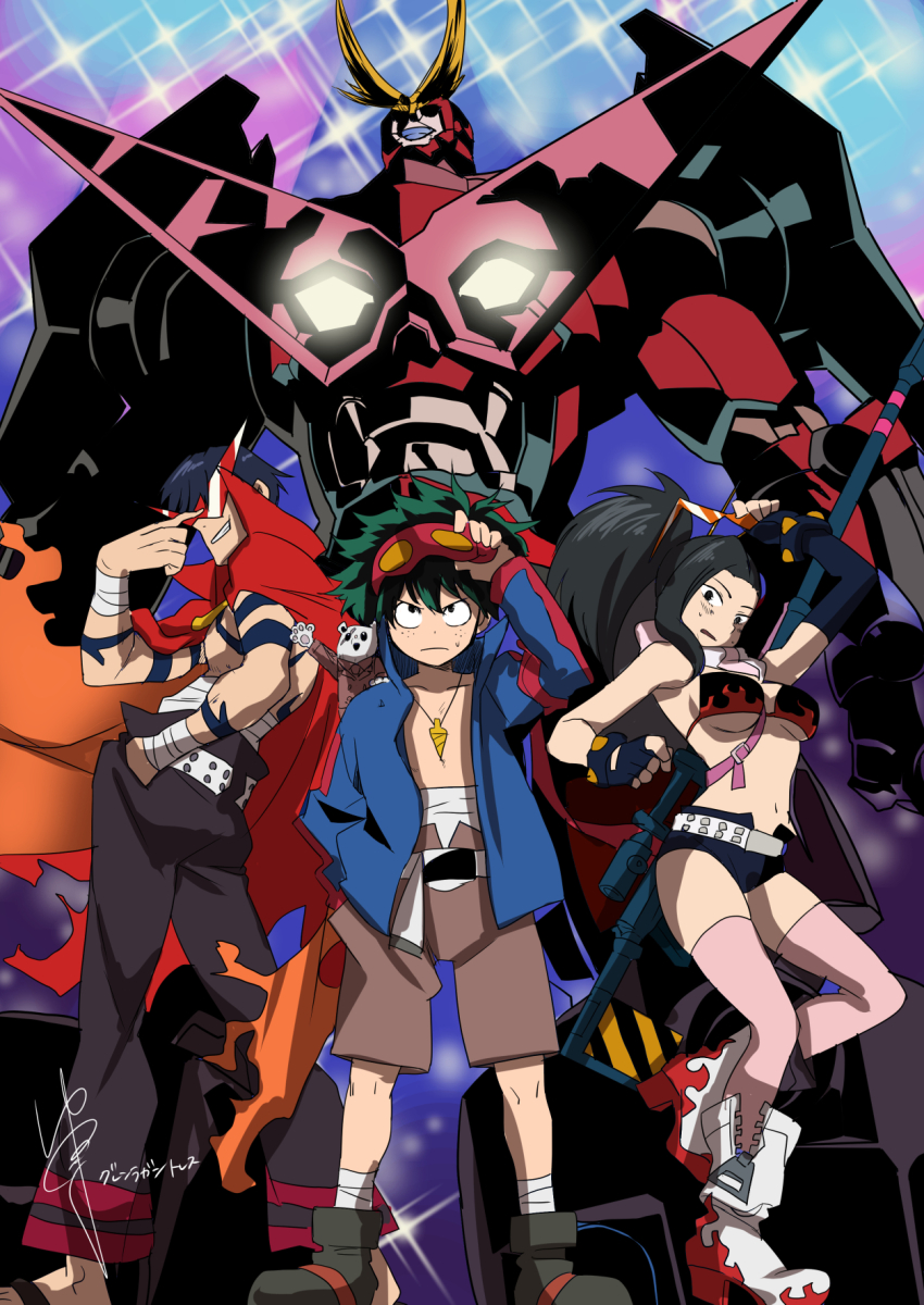 adjusting_eyewear all_might bikini bikini_top_only black_pants boku_no_hero_academia boots cape commentary_request cosplay frown gurren-lagann gurren-lagann_(cosplay) highres iida_tenya inoue_marina jewelry kamina_(ttgl) kamina_(ttgl)_(cosplay) kamina_shades long_hair mecha midoriya_izuku midriff_sarashi necklace nezu_(boku_no_hero_academia) pants pink_theme ponytail red_cape robot sarashi serious signature simon_(ttgl) simon_(ttgl)_(cosplay) sparkle_background swimsuit tengen_toppa_gurren_lagann topless_male voice_actor_connection yaoyorozu_momo yoko_littner yoko_littner_(cosplay) yuama