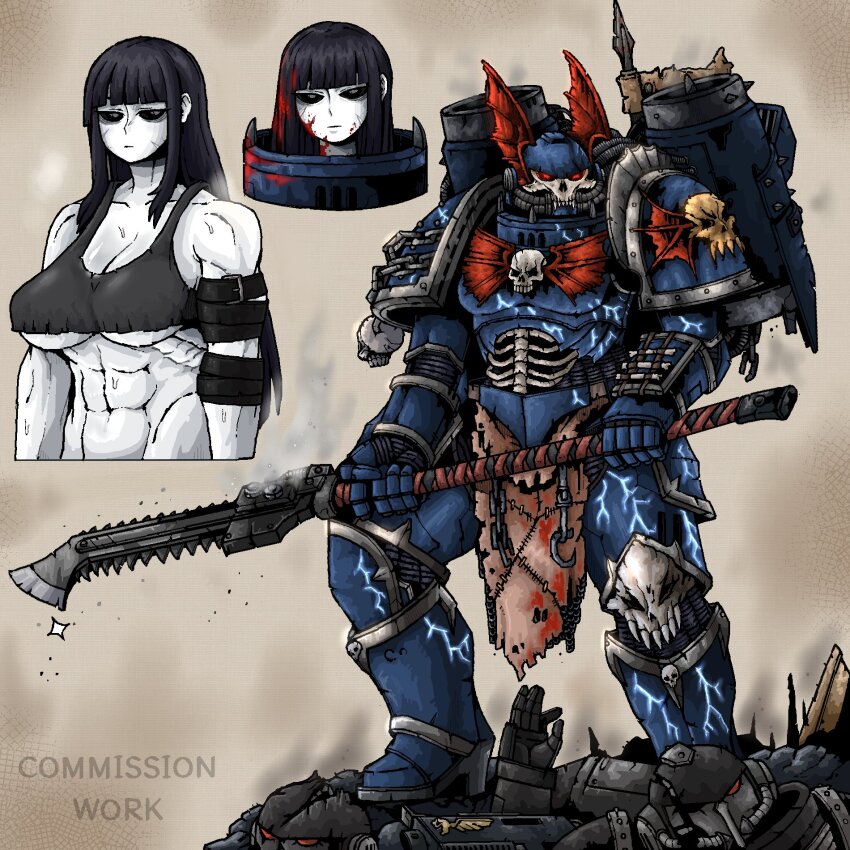 1girl abs armor black_hair black_sclera blood blood_in_hair blood_on_armor blood_on_face blunt_bangs breasts chainsword cleavage colored_sclera commission crop_top female_focus genderswap genderswap_(mtf) grey_eyes highres holding holding_chainsword holding_weapon large_breasts multiple_views muscular muscular_female night_lords octosoup pale_skin power_armor space_marine underboob warhammer_40k weapon
