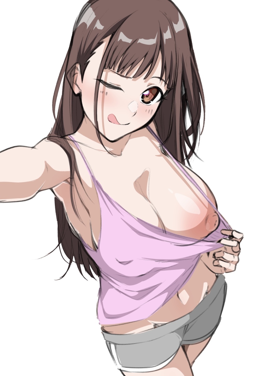 1girl :q bare_shoulders blunt_bangs breasts brown_eyes brown_hair camisole closed_mouth clothes_pull collarbone covered_erect_nipples cowboy_shot from_above grey_shorts groin highres idolmaster idolmaster_shiny_colors large_areolae large_breasts large_nipples licking_lips light_blush long_hair looking_at_viewer midriff_peek monya_monya_(tmsc7752) navel nipples no_bra one_eye_closed outstretched_arm pink_camisole seductive_smile selfie shirt_pull short_shorts shorts sidelocks simple_background sketch smile solo sonoda_chiyoko standing straight_hair strap_gap tongue tongue_out white_background