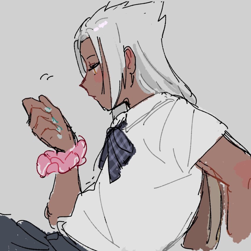 1boy alternate_costume blue_nails blush closed_mouth collared_shirt crossdressing dark-skinned_male dark_skin grey_hair highres kingdom_hearts lalalalife15 long_hair looking_at_hand looking_to_the_side male_focus orange_eyes pink_scrunchie pleated_skirt school_uniform scrunchie shirt sitting skirt spiked_hair white_shirt wrist_scrunchie xehanort