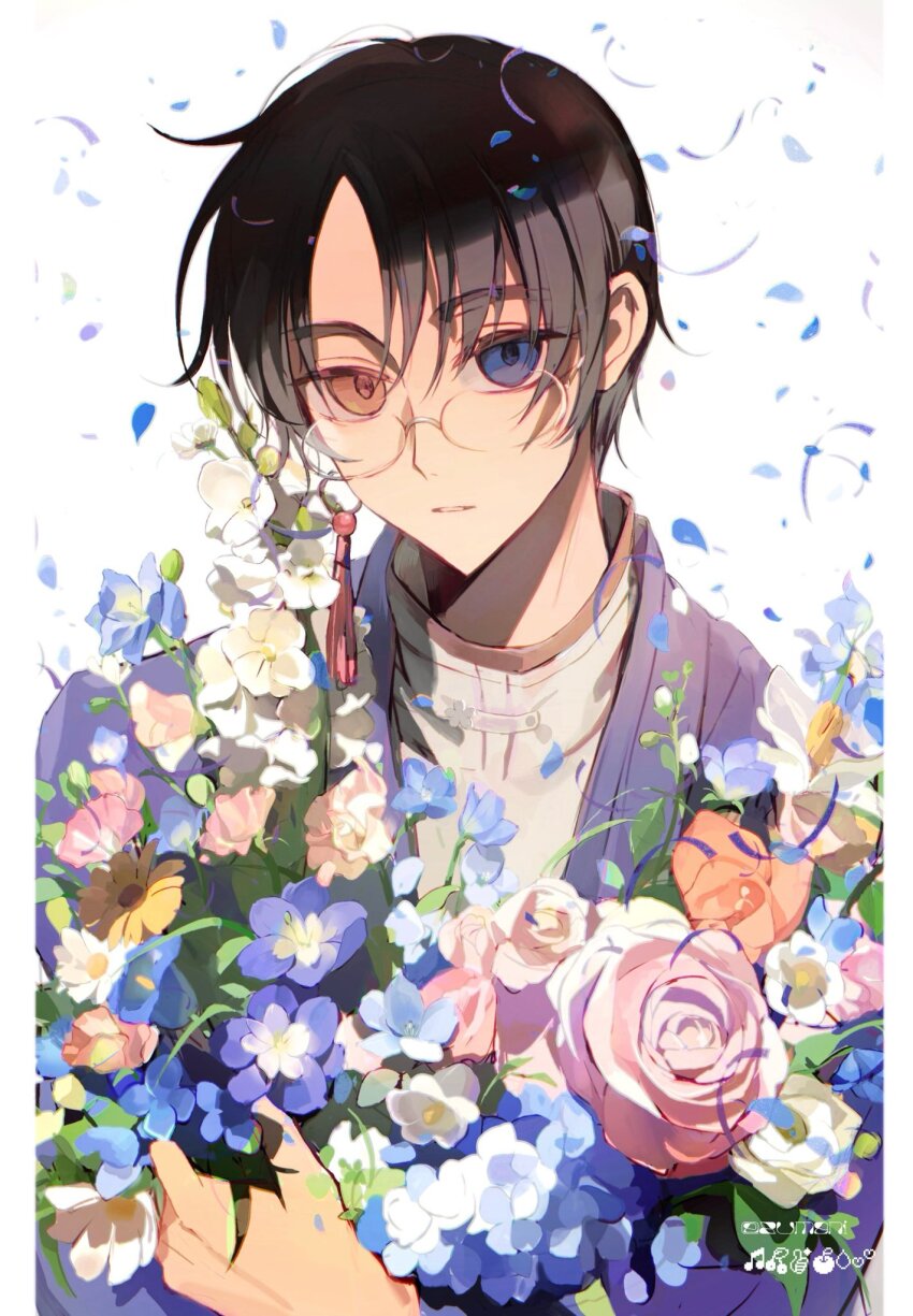 1boy bishounen blue_flower blue_jacket border bouquet brown_hair commentary crossed_arms ear_piercing earrings falling_petals flower glasses hair_between_eyes hair_intakes hand_up heterochromia high_collar highres holding holding_bouquet holding_flower jacket jewelry lapels layered_clothes leaf looking_at_viewer male_focus parted_lips petals piercing pink_flower pink_rose rimless_eyewear rose shusuzu single_earring solo straight-on tassel tassel_earrings upper_body watanuki_kimihiro white_background white_border white_jacket xxxholic