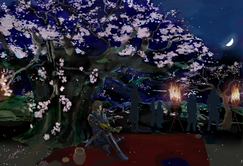 1boy against_tree brown_hair cherry_blossoms date_masamune_(sengoku_basara) eyepatch half_moon male_focus moon night night_sky outdoors sengoku_basara short_hair sitting sky smile solo_focus torch tree tsuchibayashi_makoto