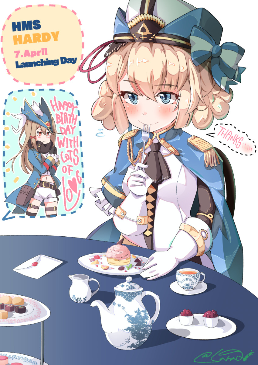 2girls aiguillette azur_lane belt belt_buckle black_gloves black_legwear black_neckerchief blonde_hair blue_cape blue_coat blue_eyes blue_headwear blush bow buckle cape chocolate coat commentary_request crossed_bangs cup double_bun eating epaulettes flying_sweatdrops food fork fruit gloves gold_trim hair_bun hair_ornament hairclip happy_birthday hardy_(azur_lane) hat hat_bow hat_feather heart highres hunter_(azur_lane) letter light_brown_hair long_hair military military_uniform multiple_girls neckerchief plate raspberry red_eyes red_ribbon ribbon shinkuro_sanagi shirt short_hair short_shorts shorts sidelocks sitting spoken_blush spoken_heart standing table tea teacup teapot thigh_strap thighhighs tricorne wavy_mouth wax_seal white_gloves white_headwear white_shirt white_shorts wing_collar x_hair_ornament