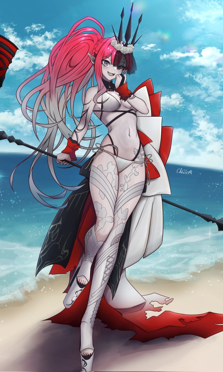 1girl amai_matsuriame baobhan_sith_(fate) baobhan_sith_(swimsuit_pretender)_(fate) baobhan_sith_(swimsuit_pretender)_(third_ascension)_(fate) beach bikini breasts bridal_gauntlets fangs fate/grand_order fate_(series) full_body hammer hand_up highres holding holding_hammer long_hair looking_at_viewer navel ocean open_mouth pink_hair platform_heels pointy_ears sand side_ponytail smile solo swimsuit tiara veil water white_bikini