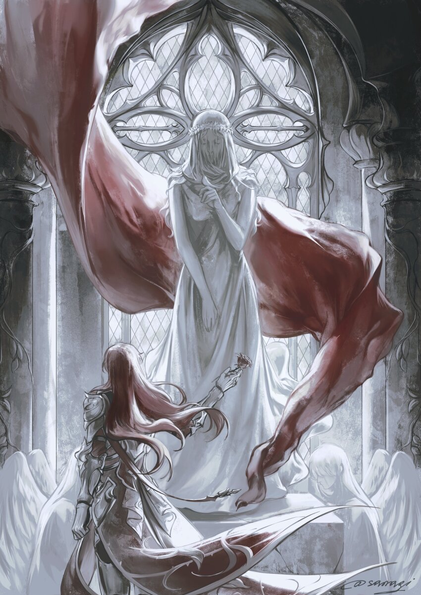 1boy absurdres angel_wings arch arched_window architecture argenti_(honkai:_star_rail) armor cathedral coattails commentary english_commentary fabric feathered_wings floating_hair flower from_behind full_armor gothic_architecture highres holding holding_flower honkai:_star_rail honkai_(series) idrila_(honkai:_star_rail) knight long_hair looking_back male_focus multiple_others no_eyes red_flower red_hair red_rose rose ssanagi00 standing statue veil white_veil white_wings window wings wrinkled_fabric