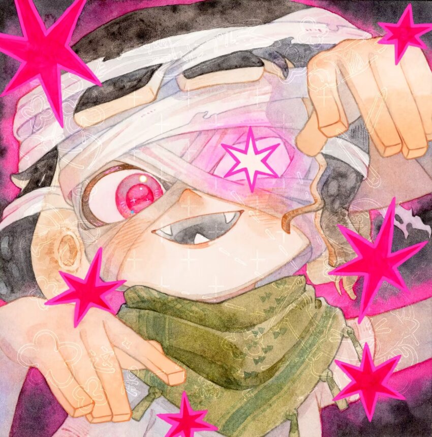 1girl bandaged_head bandages black_background black_hair black_tongue dmwggg fangs green_scarf hands_up highres inkling inkling_girl inkling_player_character looking_at_viewer nintendo open_mouth outline pink_eyes pink_outline pointy_ears scarf shirt short_hair short_sleeves smile solo splatoon_(series) t-shirt tentacle_hair upper_body white_shirt