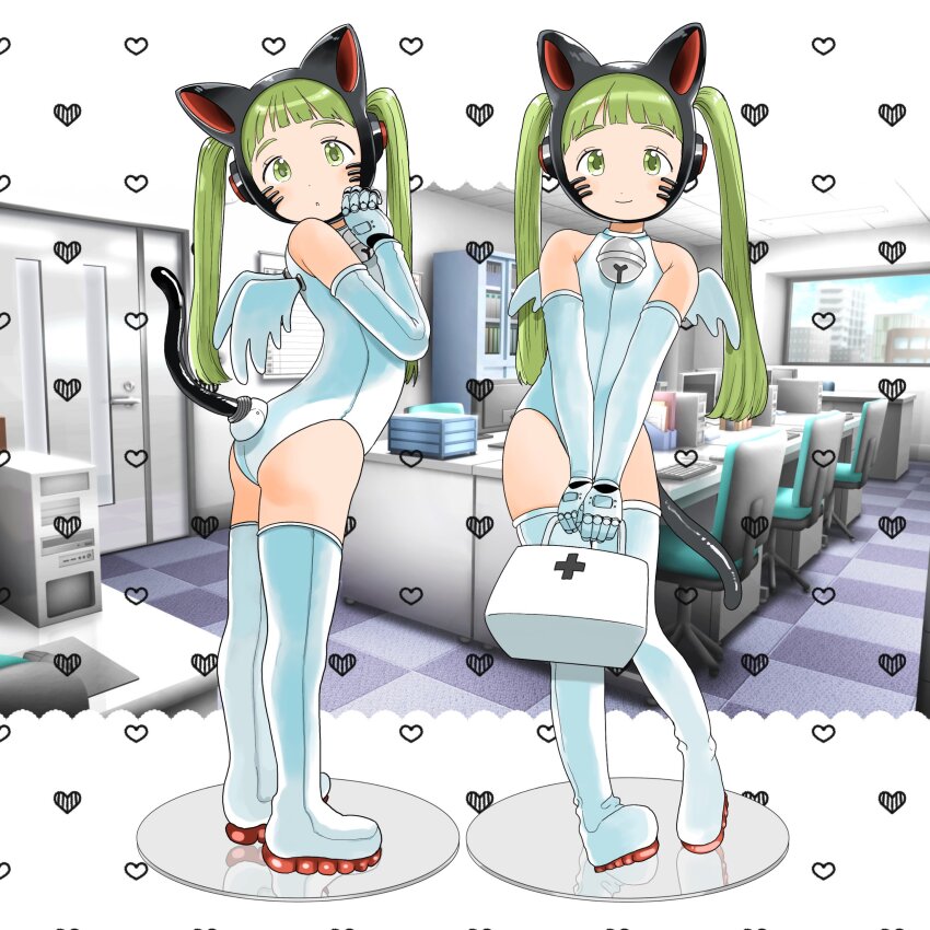 1girl 3d_background :o absurdres animal_ear_headphones animal_ears ass bare_shoulders blunt_bangs blush boots cat_ear_headphones cat_ears cat_tail closed_mouth contrapposto dot_nose elbow_gloves fake_animal_ears fake_tail figure figure_stand first_aid_kit flat_chest from_side full_body gloves green_eyes green_hair headphones highres holding_first_aid_kit leotard long_hair looking_at_viewer multiple_views nagomurasan open_mouth original skin_tight smile solo tail thigh_boots twintails white_boots white_gloves white_leotard white_wings wings