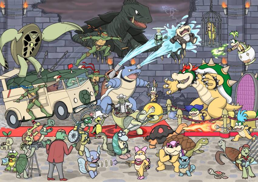 banjo-kazooie ben_10 blastoise blue_hair book bowser broken_wall cage castle cecil_turtle character_request commentary copyright_request crossover donatello_(tmnt) dragon_ball driving english_commentary fangs filburt_(rocko&#039;s_modern_life) fire franklin_(franklin) franklin_(tv_series) gamera gamera_(series) gen_1_pokemon gen_3_pokemon gen_4_pokemon glasses green_hair gun hat holding holding_book holding_gun holding_rod holding_sword holding_wand holding_weapon iggy_koopa in_cage junior_clown_car kaiju katana koopalings kung_fu_panda l0lm4tt larry_koopa lemmy_koopa leonardo_(tmnt) looking_at_another looney_tunes ludwig_von_koopa mario_(series) michelangelo_(tmnt) morton_koopa_jr. motor_vehicle multiple_crossover nintendo open_book open_mouth pokemon pokemon_(creature) raphael_(tmnt) reading rocko&#039;s_modern_life rod roy_koopa ruins sharp_teeth species_connection squirtle squirtle_squad steering_wheel sunglasses sword teenage_mutant_ninja_turtles teeth tiptup_(banjo-kazooie) torkoal turtle turtle_shell turtle_van turtwig umigame_(dragon_ball) van wand wartortle water weapon wendy_o._koopa