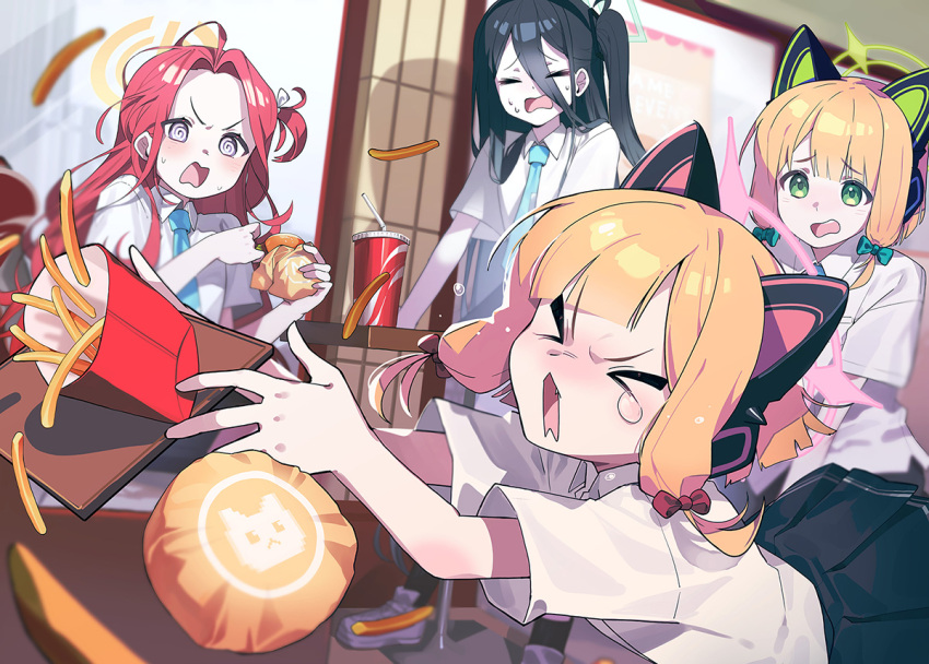 &gt;_&lt; 4girls @_@ animal_ear_headphones animal_ears aris_(blue_archive) black_hair black_skirt blonde_hair blue_archive blue_necktie blurry blurry_background burger cat_ear_headphones closed_eyes collared_shirt commentary_request cup disposable_cup drinking_straw dropped_food dropping fake_animal_ears fang food french_fries gachop99 game_development_department_(blue_archive) green_eyes halo headphones holding holding_food holding_tray indoors long_hair midori_(blue_archive) momoi_(blue_archive) multiple_girls necktie one_side_up open_mouth orange_hair red_hair shirt skirt sweat tears tray white_shirt window yuzu_(blue_archive)